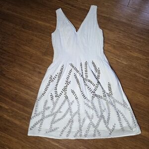 100% Cotton Embroidered Summer Dress | White & Taupe | Size Small
